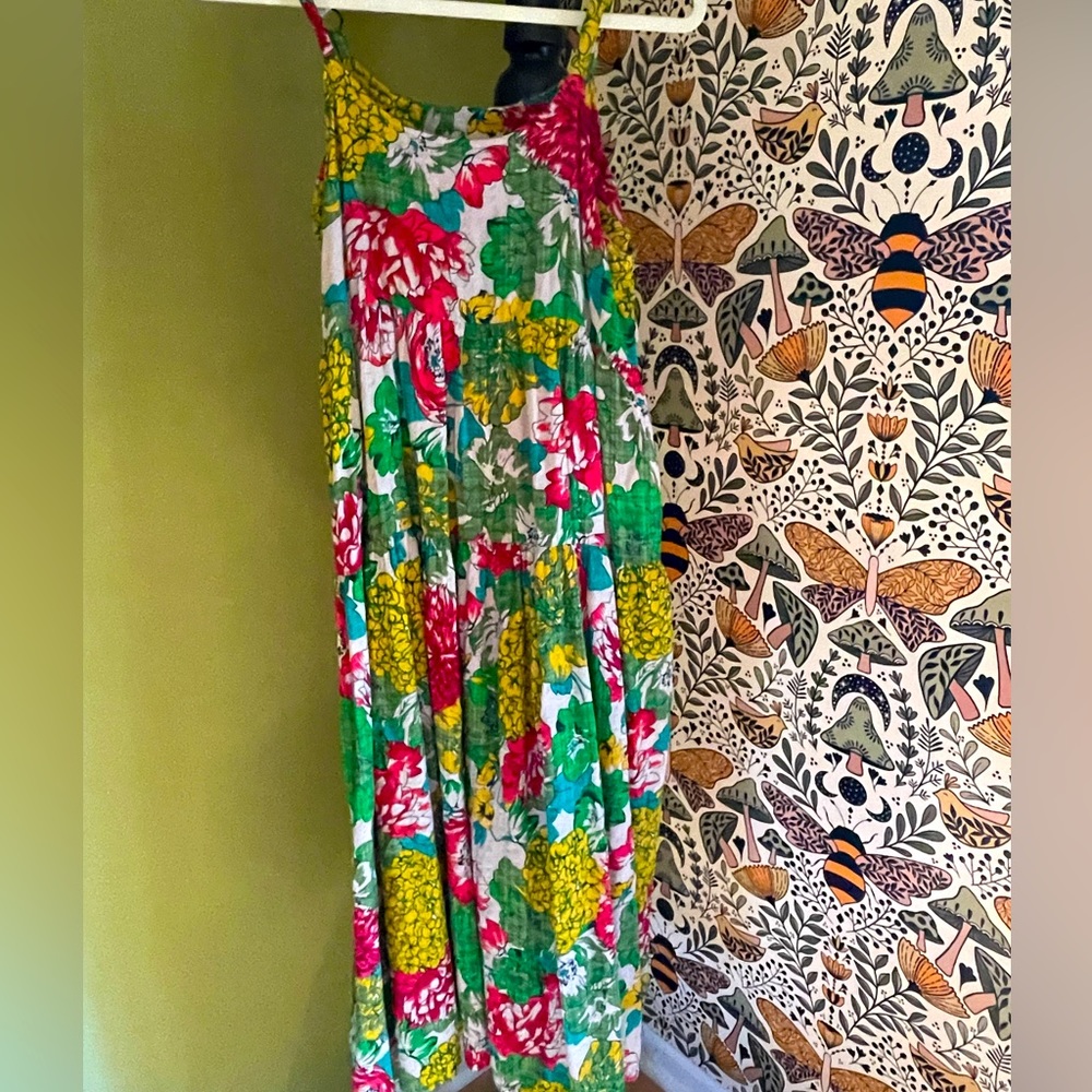 Linen Boho Dress in Green Gold and Pink